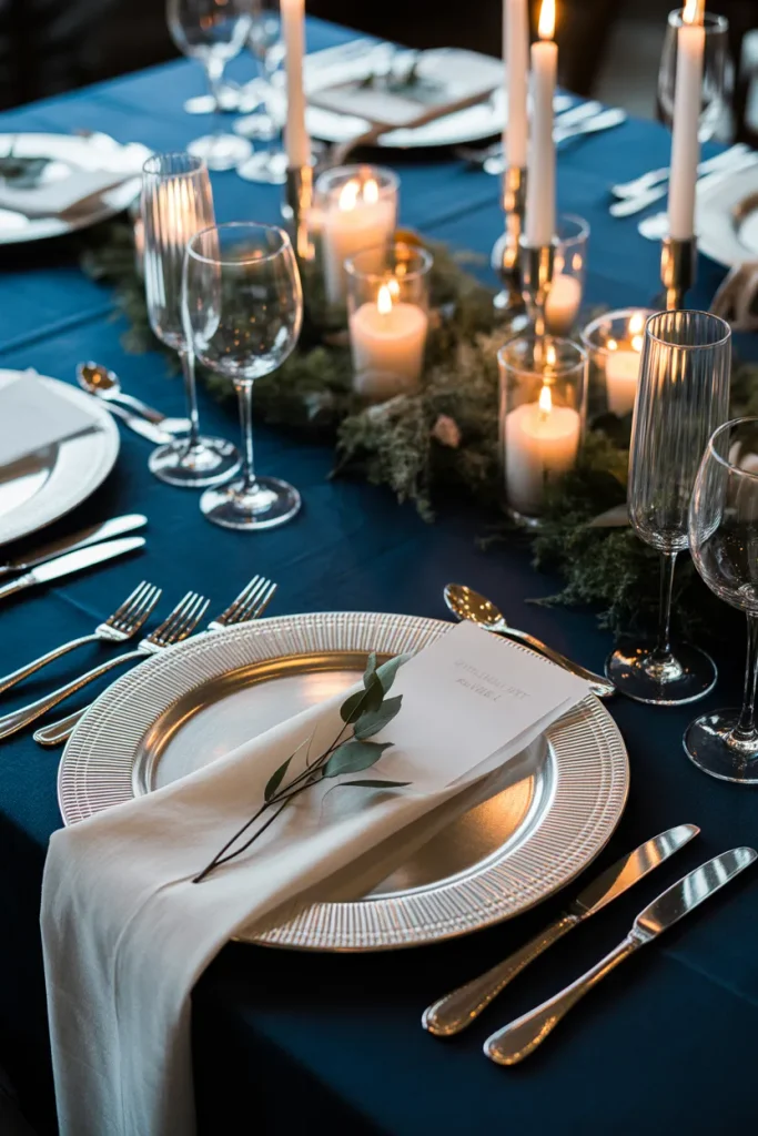 Navy Table Linens with Silver Accents
