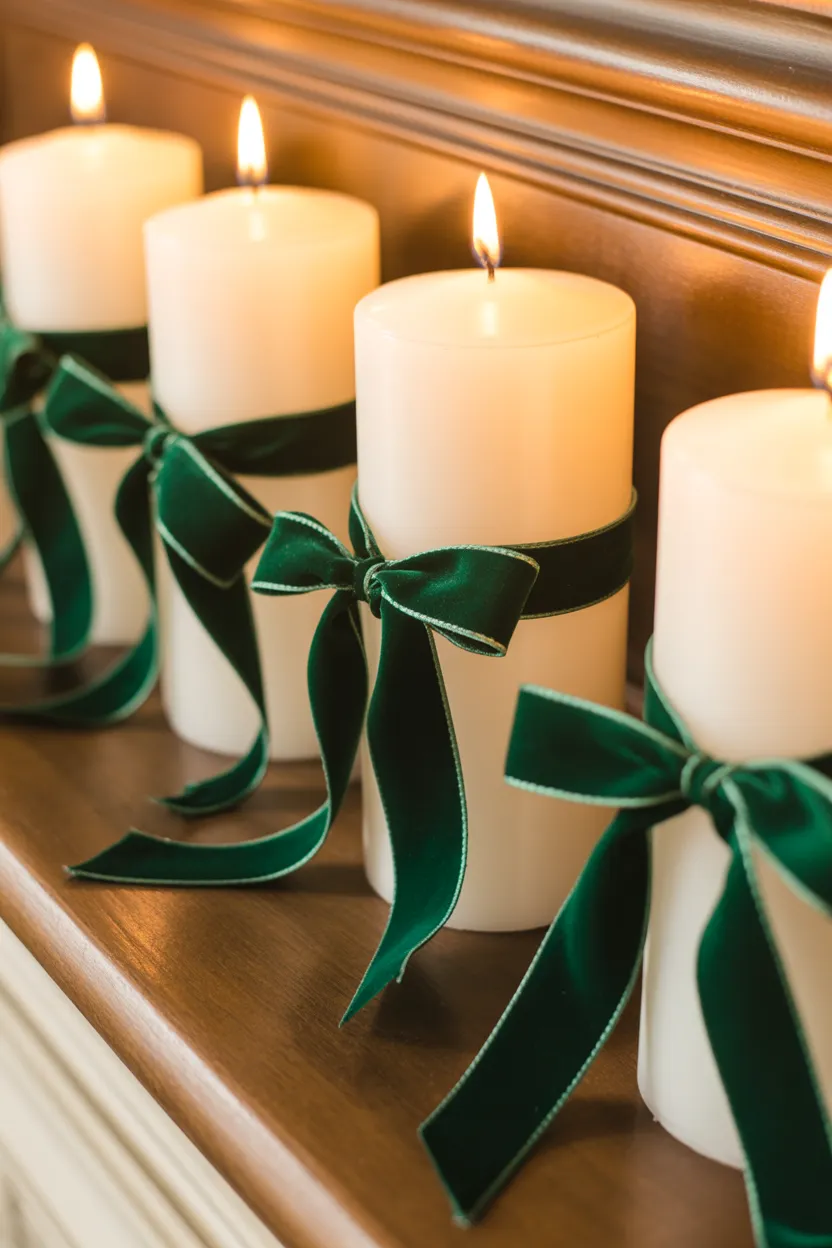 Velvet Ribbon Wrapped Pillar Candles